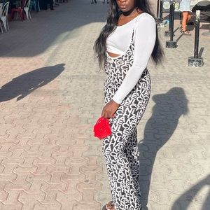 White and black letter jumpsuit